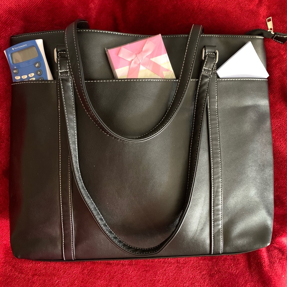 Chic Black Vegan Leather Laptop Tote-New!